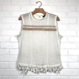 Fair Child Boho Ivory Knit Fringe Hem Embroidered Sleeveless Tank Top L
